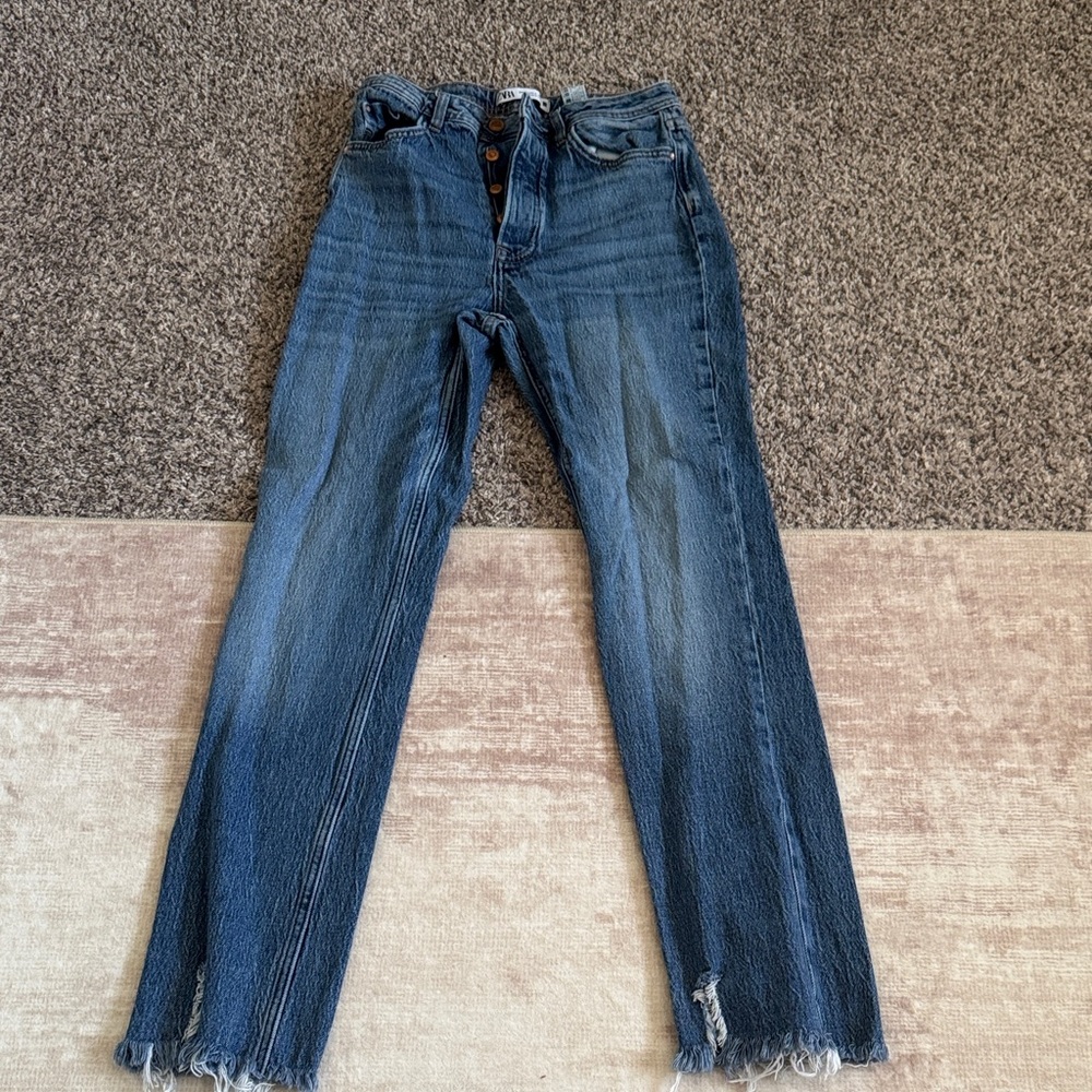 Zara High-Rise Straight Leg Jeans in Distressed Blue
